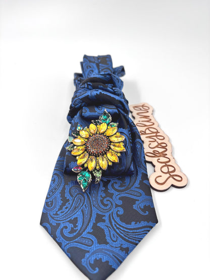 Blue Paisley Sunflower Statement Tie | Hand-Sewn Brooch Tie| New Necktie