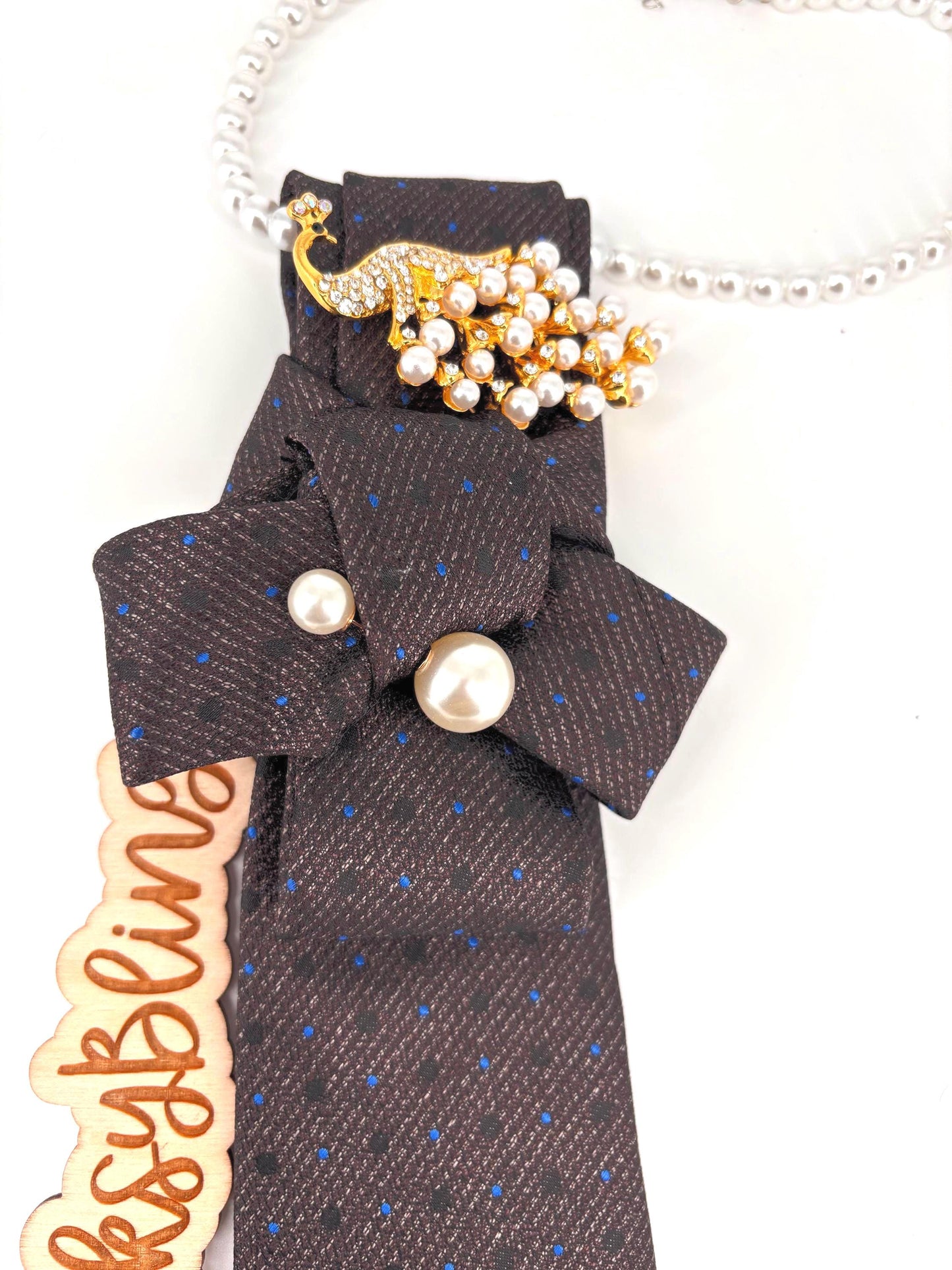 Necklace Tie With Blue Pin Dots |  Pearl Accessory | Hand-Sewn Knot| Octopus Brooch Tie| New Necktie
