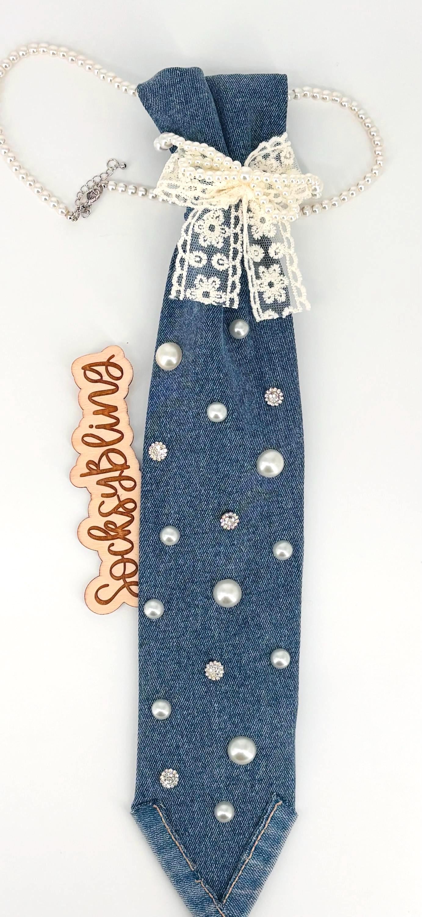Denim Necktie| Junk Tie| Handmade Bling Tie with Bow| Bow tie
