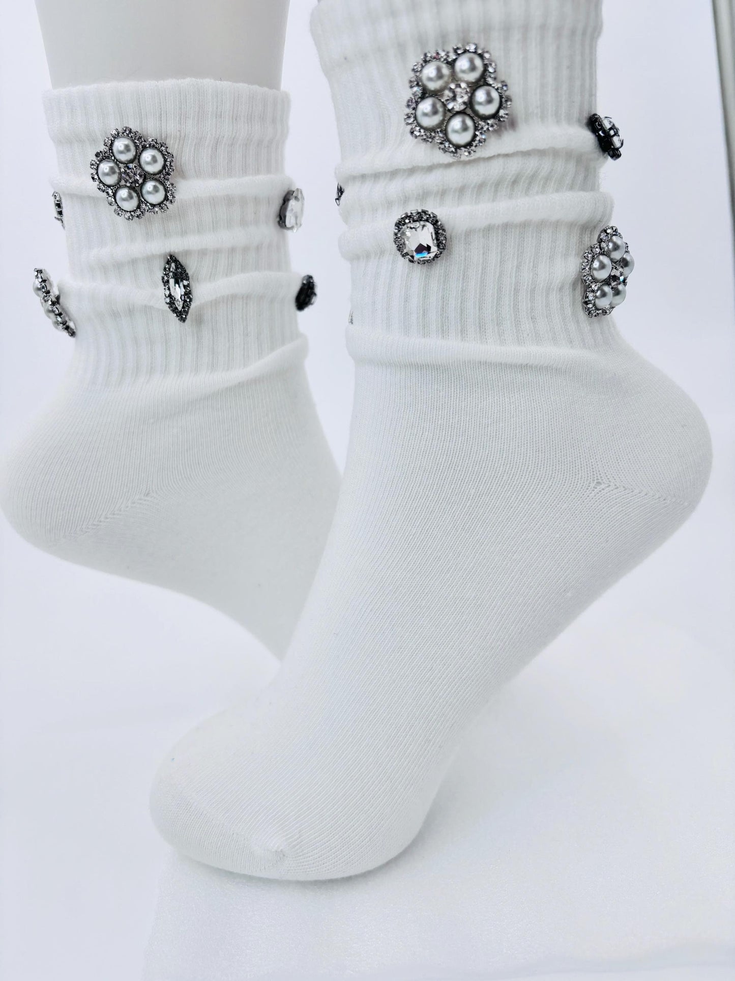 Hand-Sewn Embellished Button Socks | Rhinestone Bling|Gems| Bedazzled