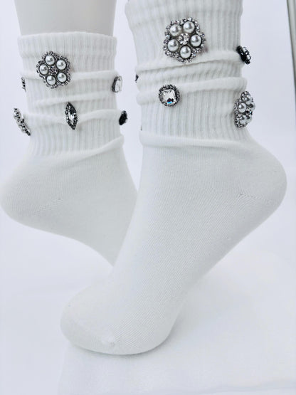 Hand-Sewn Embellished Button Socks | Rhinestone Bling|Gems| Bedazzled
