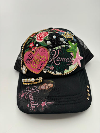 Kamala Harris Bling Trucker Hat – Rhinestone & Patch Embellished Cap Hat with Gems