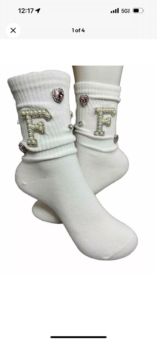 Pearl Bling F Initial Socks for Sizes 6-10 - Hand-Sewn Silver Rhinestone- Glam Socks