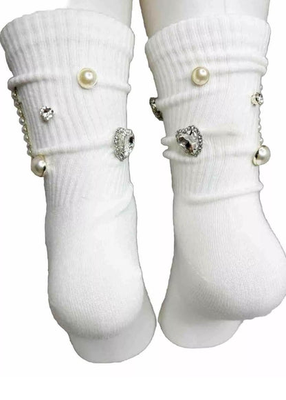 Custom N Initial Pearl Silver Bling Socks ( 6-10) Luxe Rhinestone Details, Hand-Sewn Gems