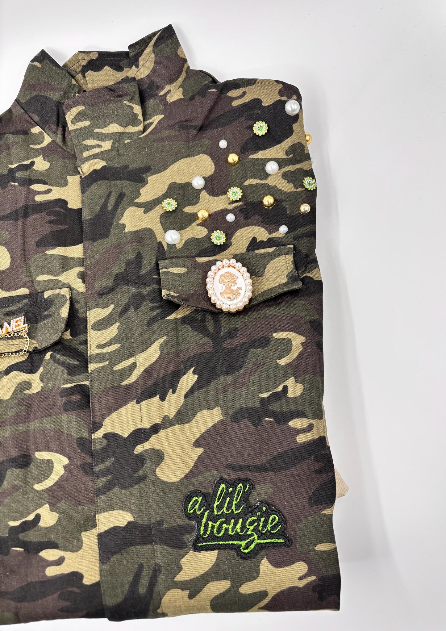 Military Chic meets Glam: Camo Patch Shirt with Shimmering Rhinestones  Blinged Out, Green Fatigue