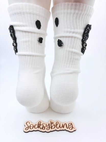 Black Skull Rhinestone Bling Socks 6-10| Cute Socks for Women| Hand-Sewn Gems Statement Socks