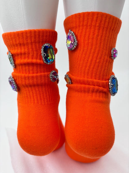 Orange Rhinestone Socks | Blinged-Out Gem Socks (Size 6-10)