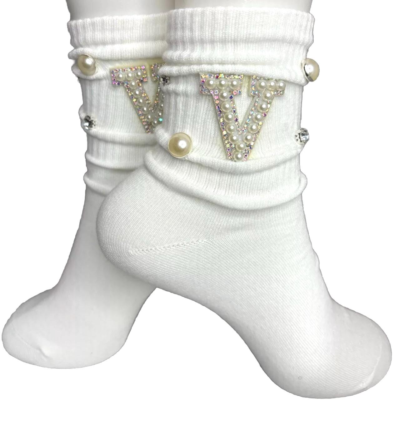 Blinged- Out Pearl V Initial Hand-Sewn Rhinestone Socks (6-10), Bling, Gems