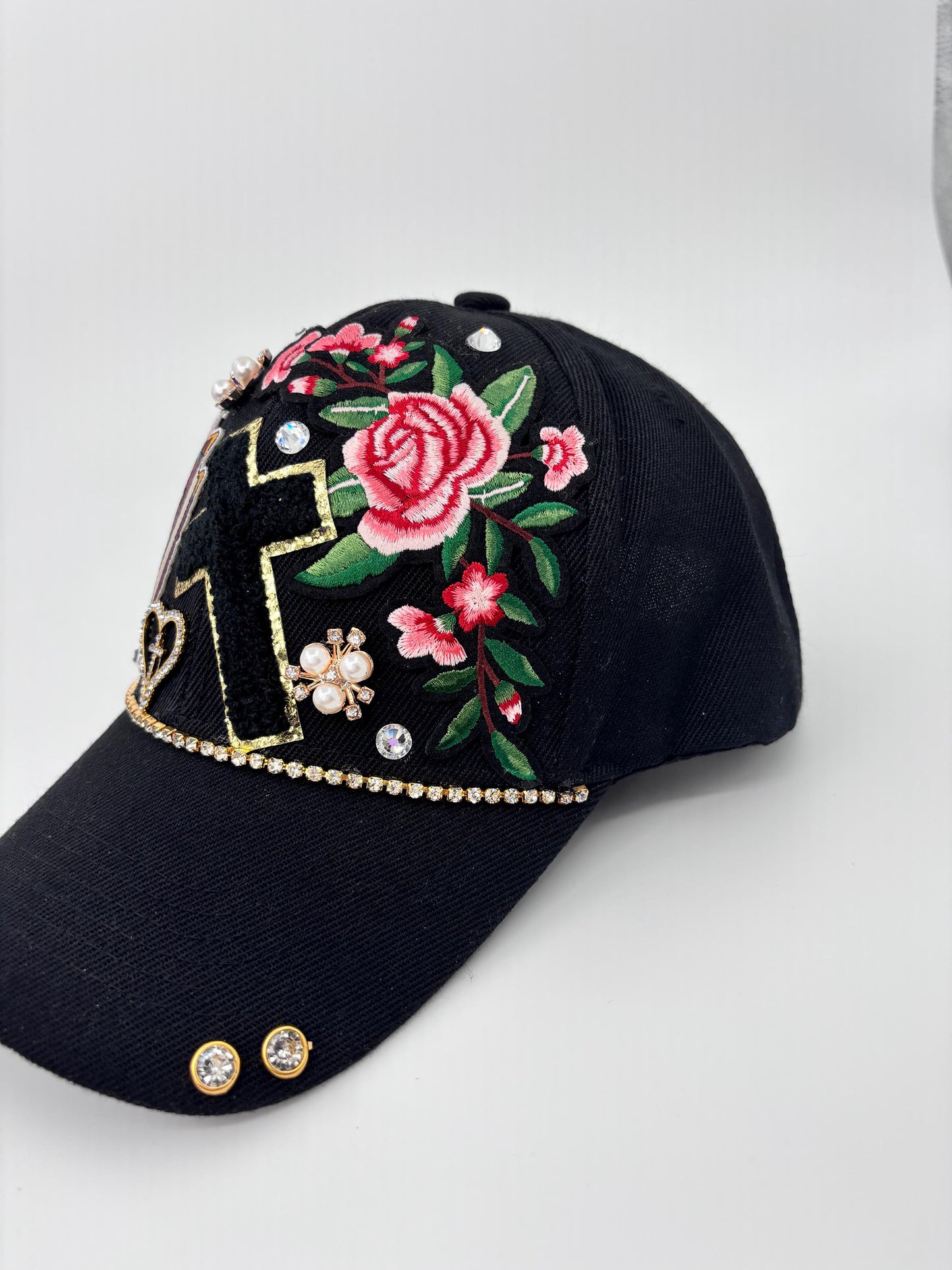 Embellished Christian Baseball Cap with Rhinestones, Pearls, Velvet Cross, Floral Embroidery
