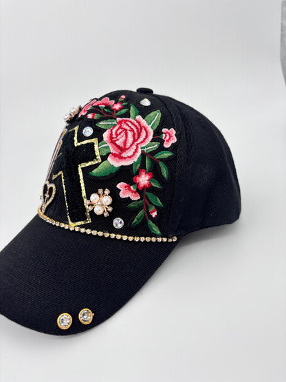 Embellished Christian Baseball Cap with Rhinestones, Pearls, Velvet Cross, Floral Embroidery