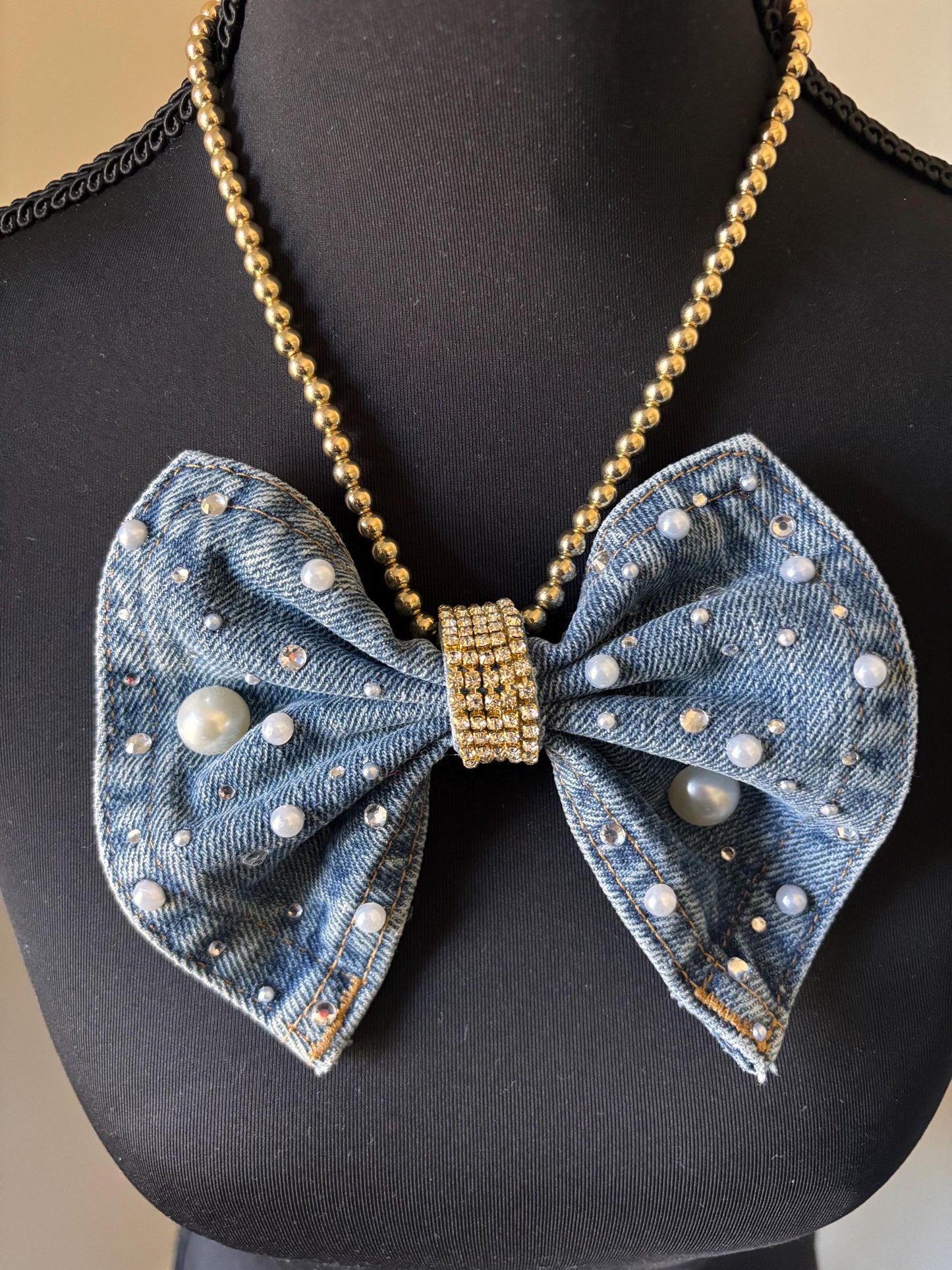 Denim Necktie| Junk Tie| Handmade Bling Tie with Bow| Bow tie