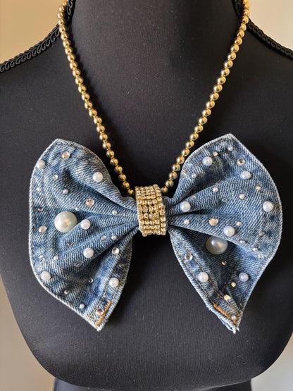 Denim Necktie| Junk Tie| Handmade Bling Tie with Bow| Bow tie
