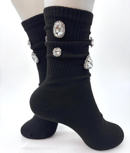 Chunky Gems Black Socks 6-10, Gems, Rhinestones| Hand-Sewn Bling Statement Socks