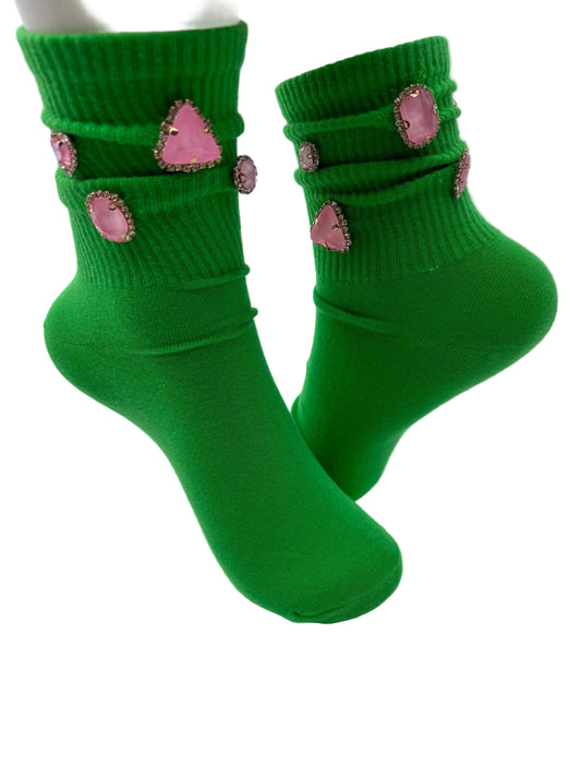 Pink & Green Hand-Sewn Bling Socks (6-10) – Sorority Inspired | Green Socks| Pink Gems