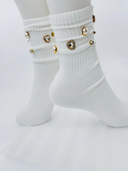 Pearl Gold Bling W Initial Socks for Sizes 6-10 - Hand-Sewn Rhinestone, Glitter, Glam