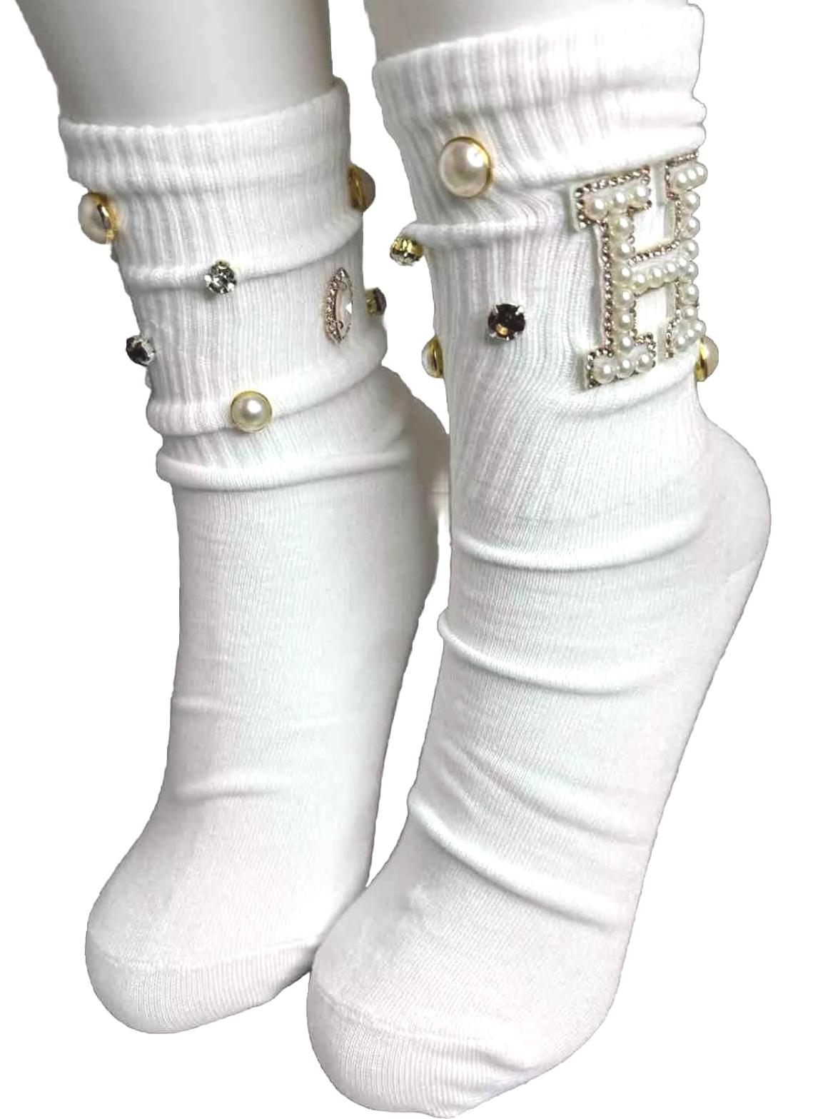 Blinged-Out Pearl H Initial Socks (6-10) |Hand-Sewn Rhinestones| Glam