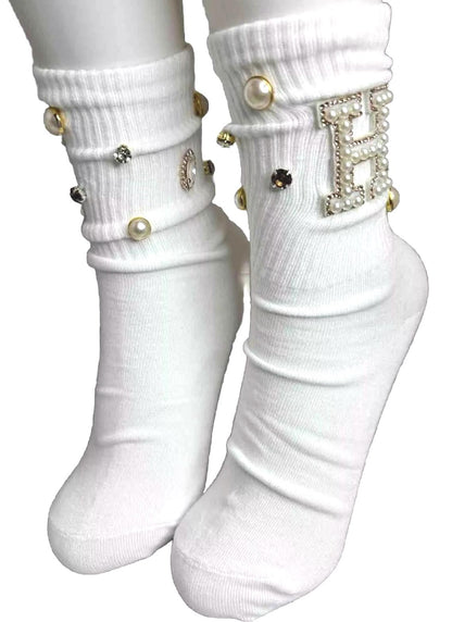 Blinged-Out Pearl H Initial Socks (6-10) |Hand-Sewn Rhinestones| Glam