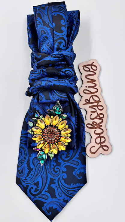 Blue Paisley Sunflower Statement Tie | Hand-Sewn Brooch Tie| New Necktie