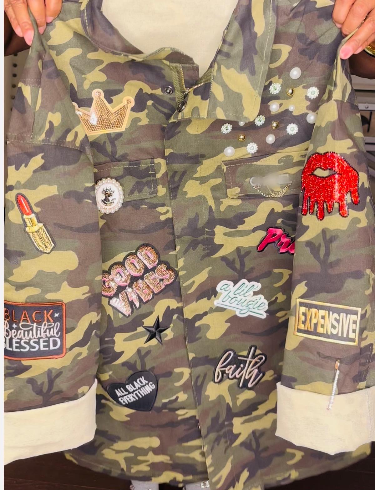 Military Chic meets Glam: Camo Patch Shirt with Shimmering Rhinestones  Blinged Out, Green Fatigue