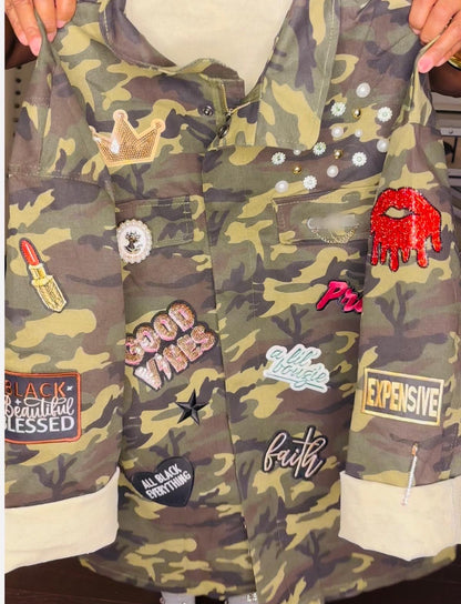 Military Chic meets Glam: Camo Patch Shirt with Shimmering Rhinestones  Blinged Out, Green Fatigue