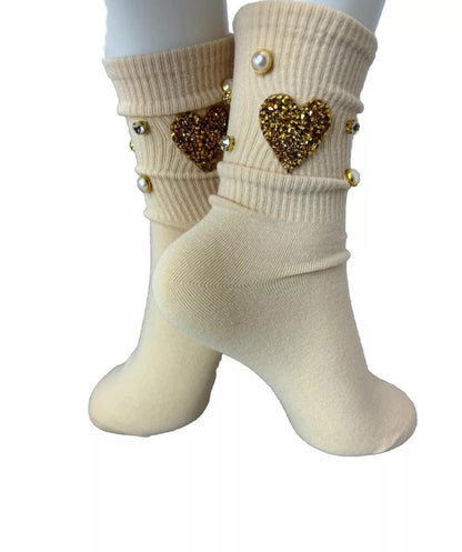 Pearl R Initial Beige Socks (6-10) Hand-Sewn with Gold Rhinestone Glam