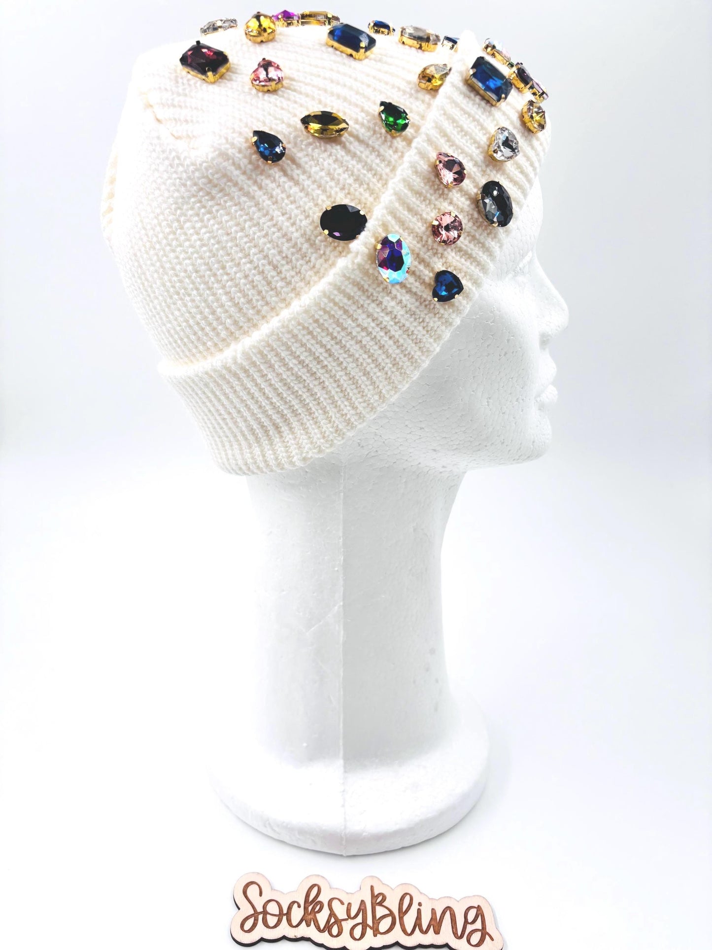 Bling Distressed Beanie | Colorful Rhinestone Statement Hat | Fisherman Beanie