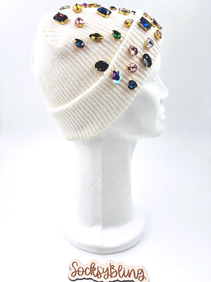 Bling Distressed Beanie | Colorful Rhinestone Statement Hat | Fisherman Beanie