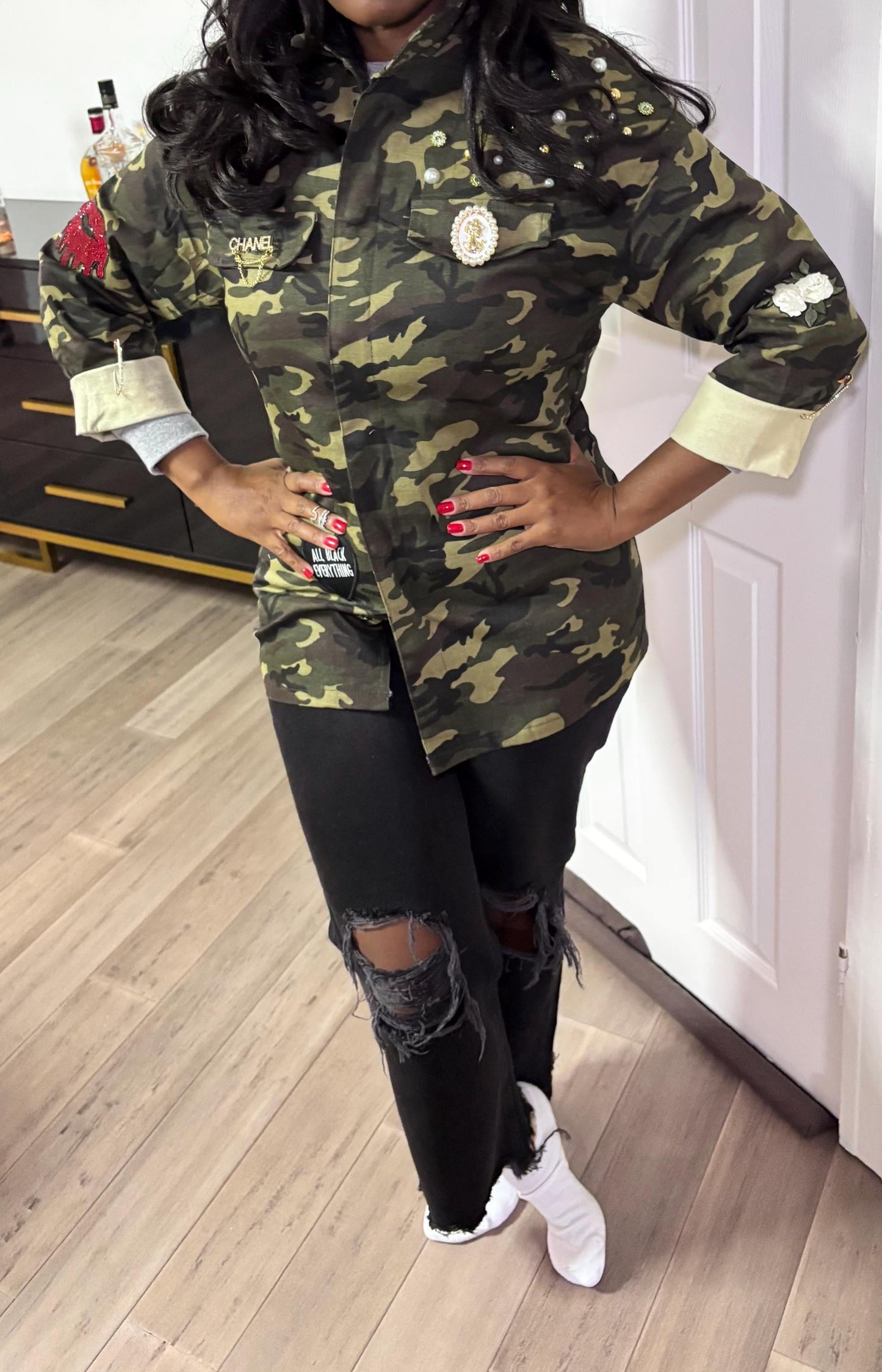 Military Chic meets Glam: Camo Patch Shirt with Shimmering Rhinestones  Blinged Out, Green Fatigue