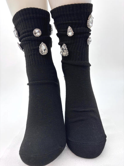 Chunky Gems Black Socks 6-10, Gems, Rhinestones| Hand-Sewn Bling Statement Socks