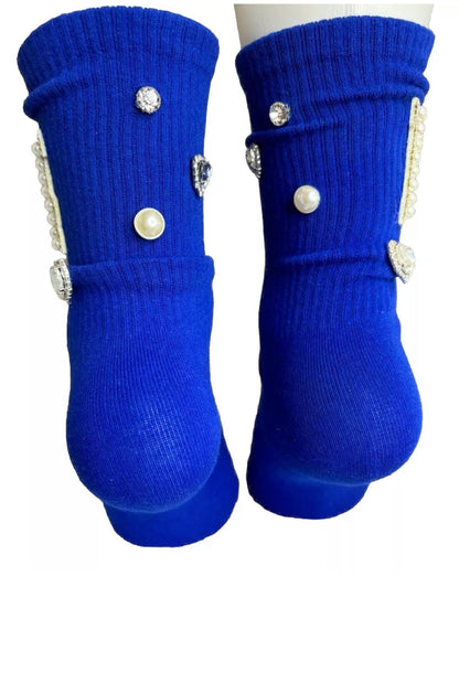 Pearl M initial Rhinestone socks 6-10, Gems, Hand-Sewn, Bling