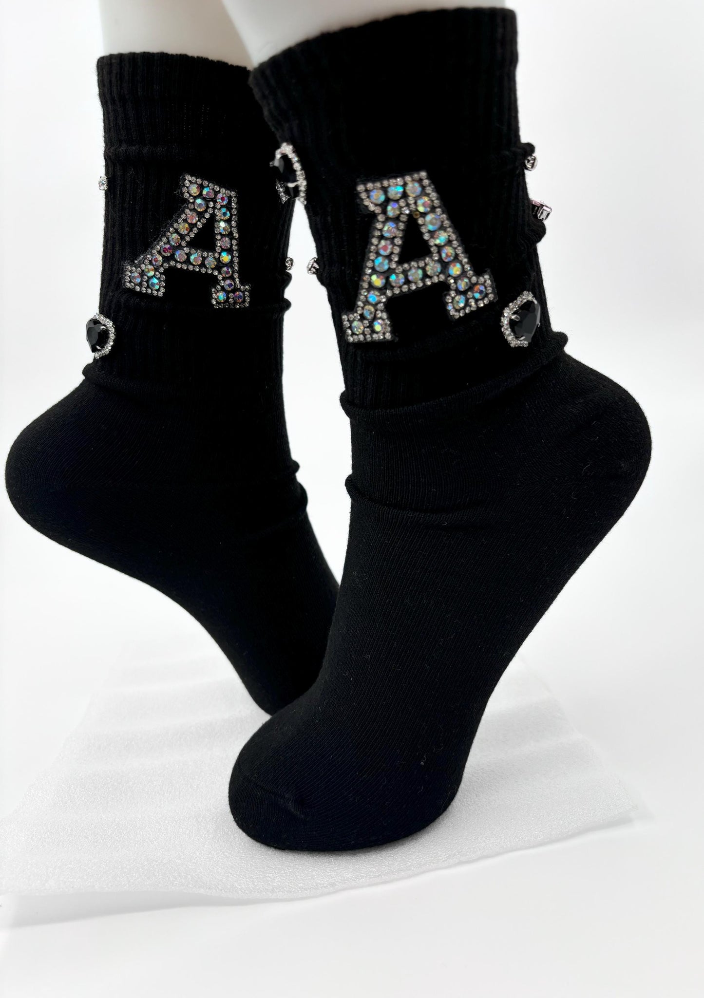 Pearl A Initial Socks (6-10) | Hand-Sewn Silver Rhinestones