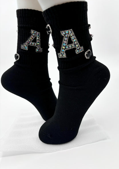 Pearl A Initial Socks (6-10) | Hand-Sewn Silver Rhinestones