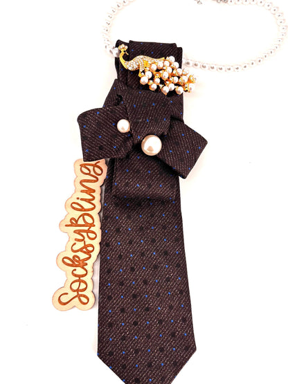 Necklace Tie With Blue Pin Dots |  Pearl Accessory | Hand-Sewn Knot| Octopus Brooch Tie| New Necktie