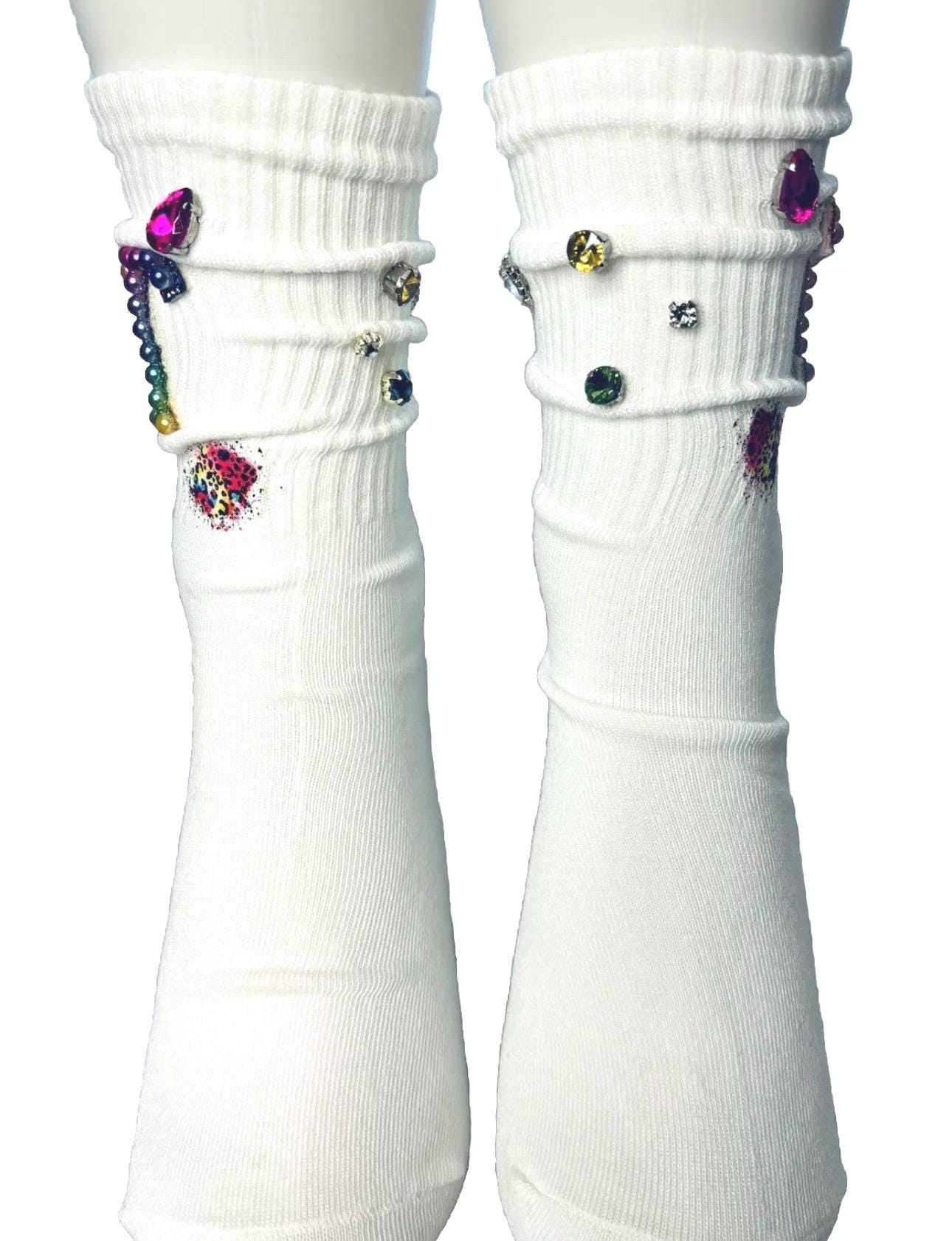 Rainbow Pearl T Initial Socks (6-10), Coloful, Pearls, Rhinestones, Gems, Handmade