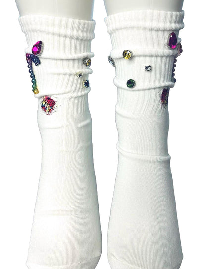Rainbow Pearl T Initial Socks (6-10), Coloful, Pearls, Rhinestones, Gems, Handmade