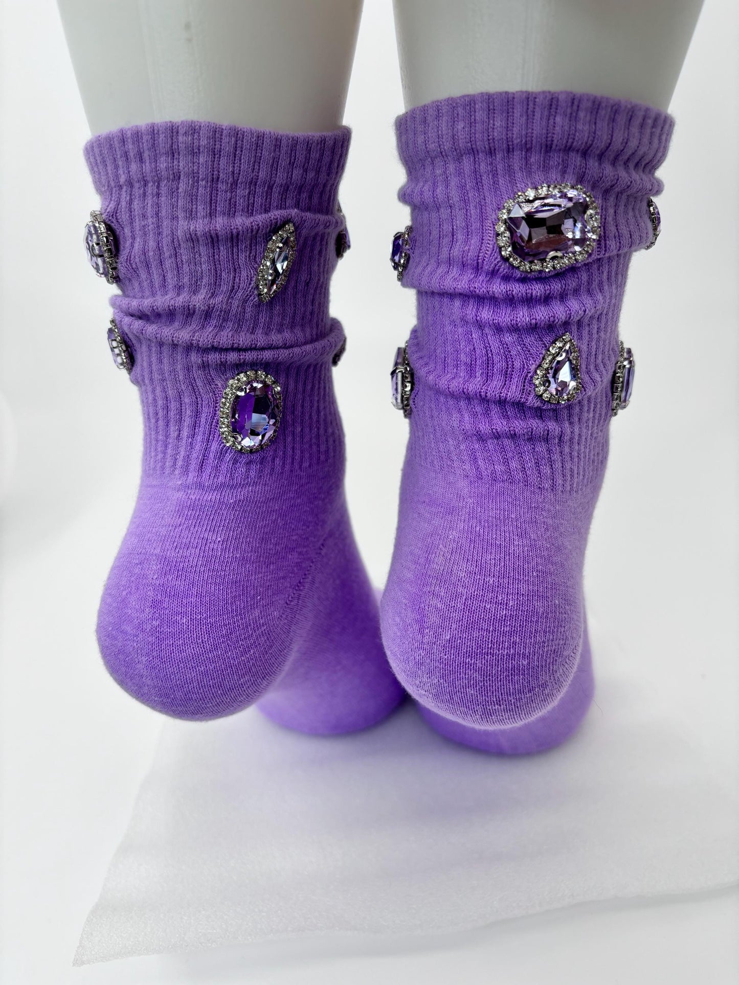 Hand Sewn Rhinestone Socks - Lilac Purple Gem, Size 6-10