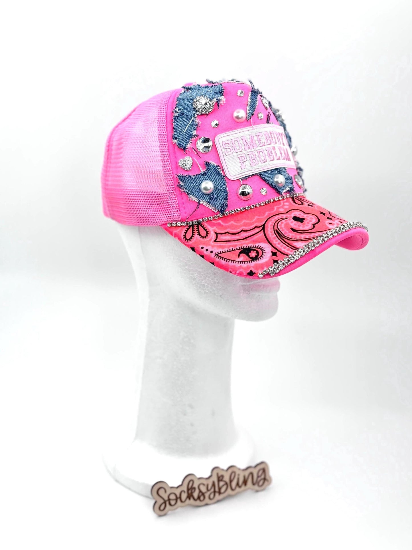 Somebody’s Problem Bling Trucker Hat – Pink Hat with Bandana Brim, Denim Patches, Rhinestones & Pearls | Streetwear Glam
