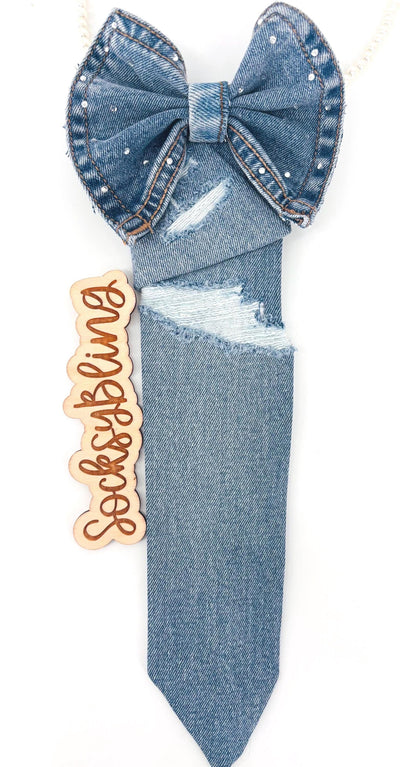 Denim Necktie| Junk Tie| Handmade Bling Tie with Bow| Bow tie