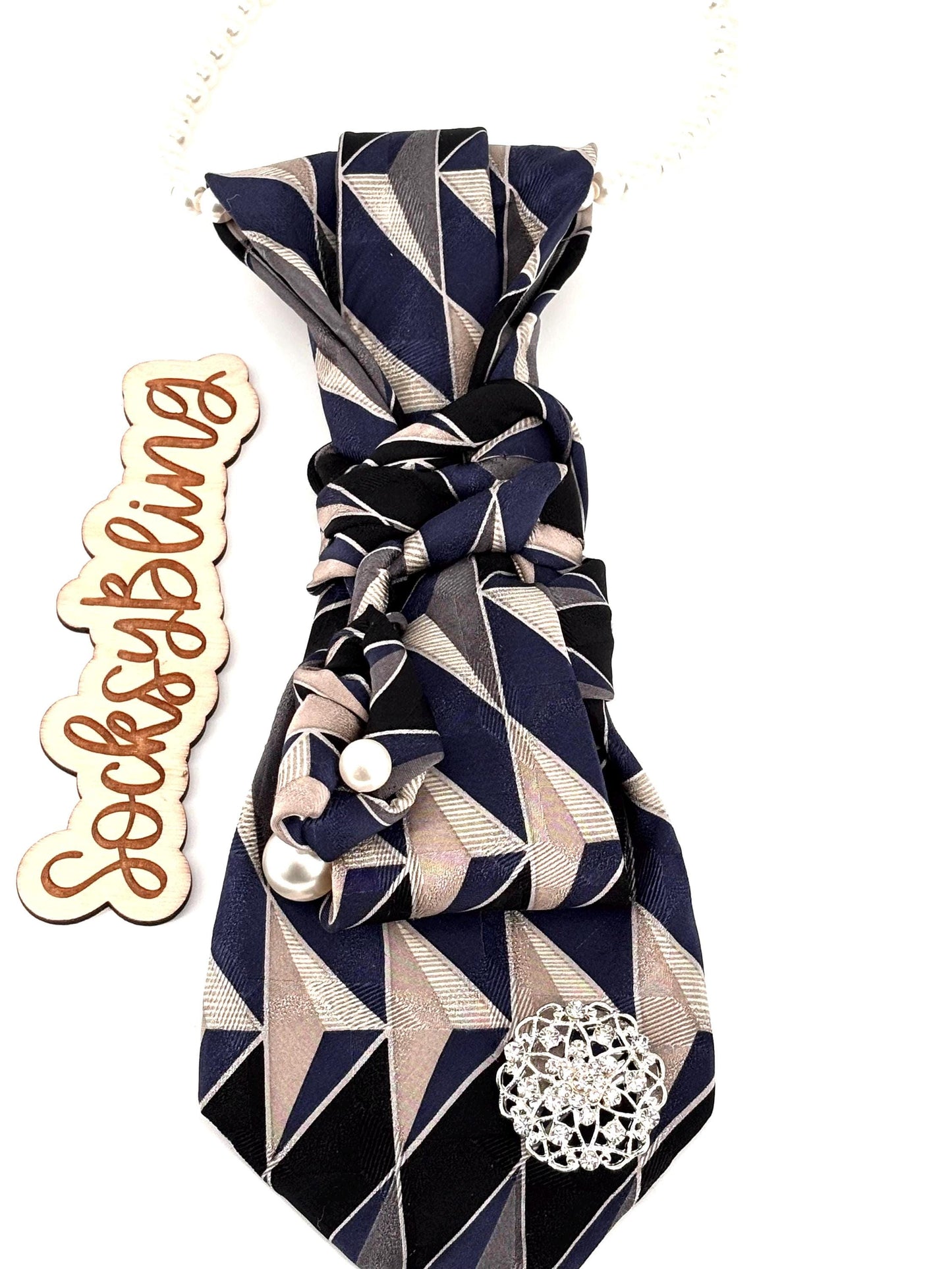 Upcycled Tie| Pearl Necklacel Accessory |Hand-Sewn Silver Brooch Tie| Necklace Necktie