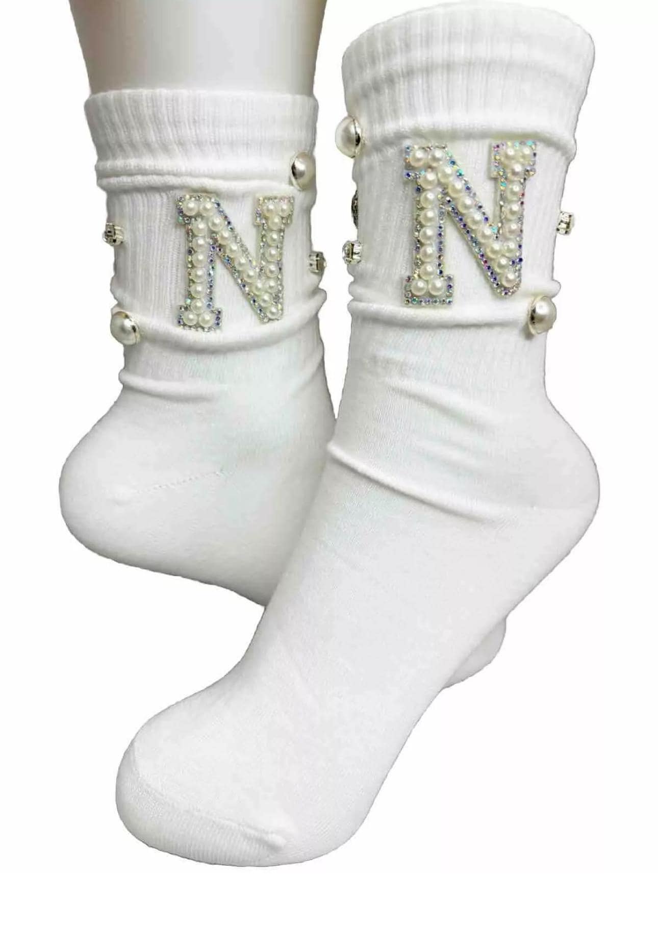 Custom N Initial Pearl Silver Bling Socks ( 6-10) Luxe Rhinestone Details, Hand-Sewn Gems