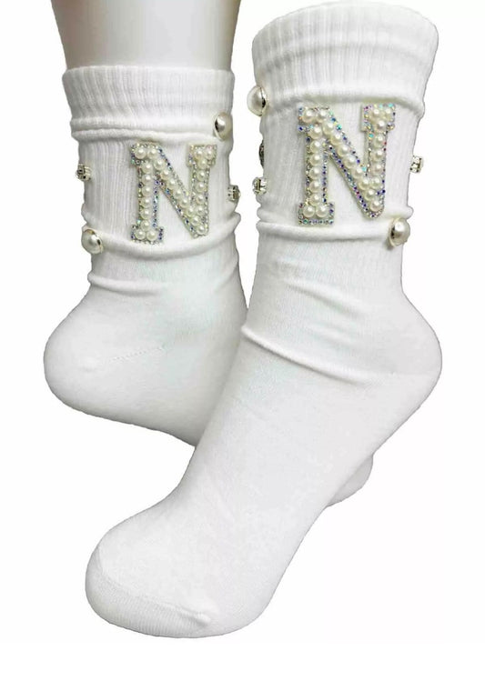 Custom N Initial Pearl Silver Bling Socks ( 6-10) Luxe Rhinestone Details, Hand-Sewn Gems