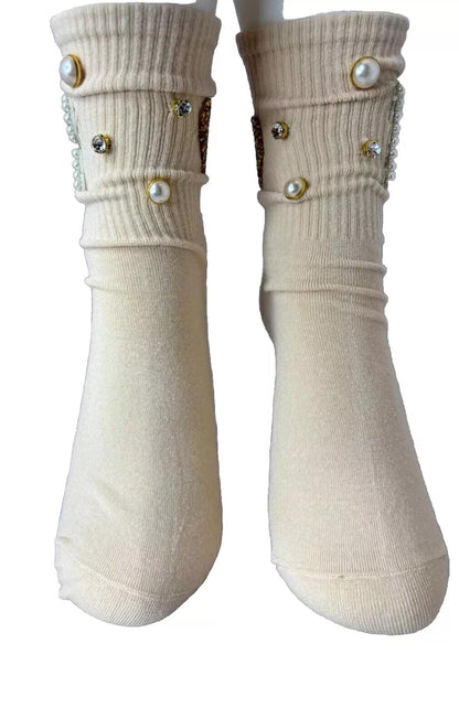 Pearl R Initial Beige Socks (6-10) Hand-Sewn with Gold Rhinestone Glam