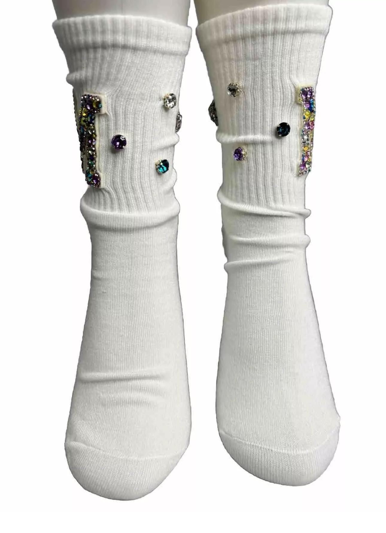 Pastel M Initial Hand-Sewn Rhinestone Socks ( 6-10)| Bling Gem Socks