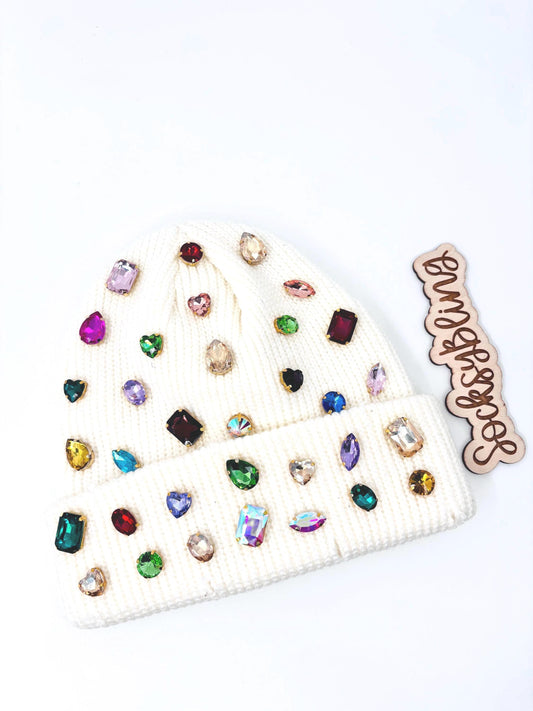 Bling Distressed Beanie | Colorful Rhinestone Statement Hat | Fisherman Beanie