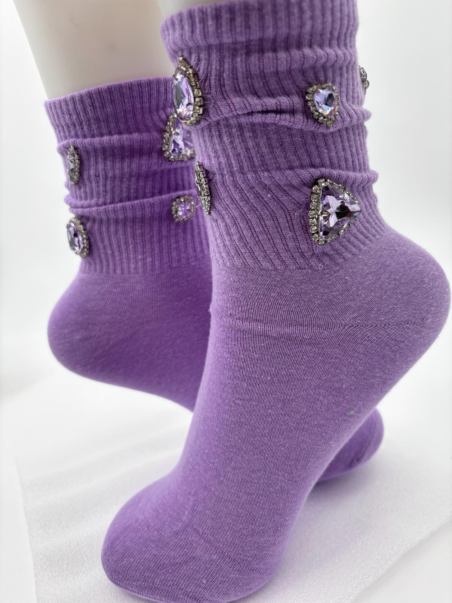 Hand Sewn Rhinestone Socks - Lilac Purple Gem, Size 6-10