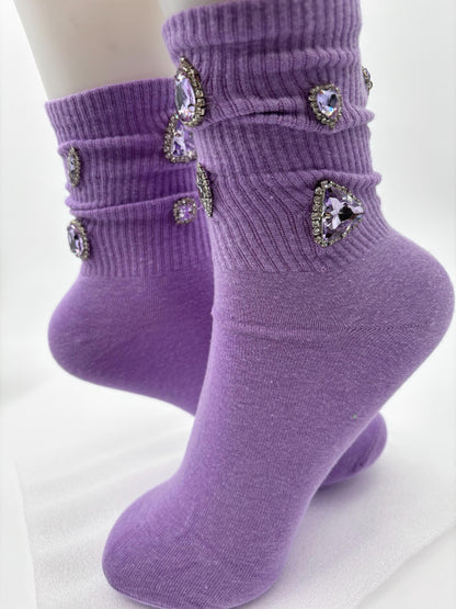 Hand Sewn Rhinestone Socks - Lilac Purple Gem, Size 6-10