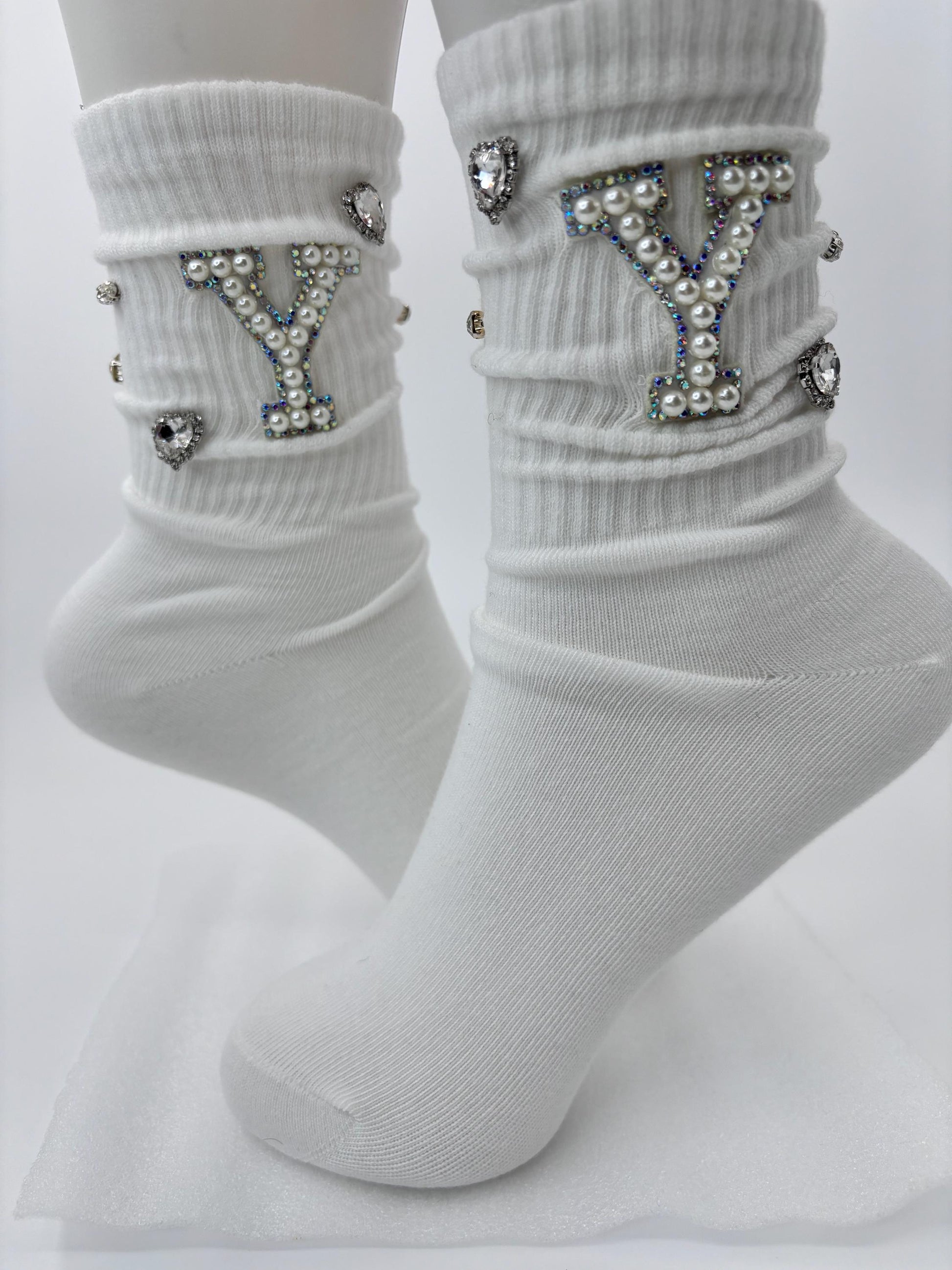 Pearl Y Initial Hand-Sewn Socks (6-10)| Bling Socks