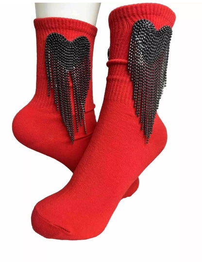 Black Love Rhinestone Fringe Socks 6-10, Gems, Bling, Hand-Sewn