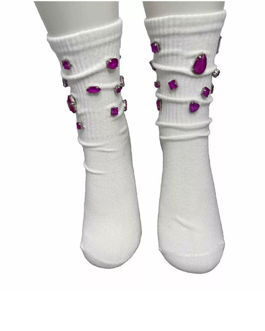 Magenta Rhinestone Crew Socks, Women's Bling Gemstone Socks (Size 6-10)