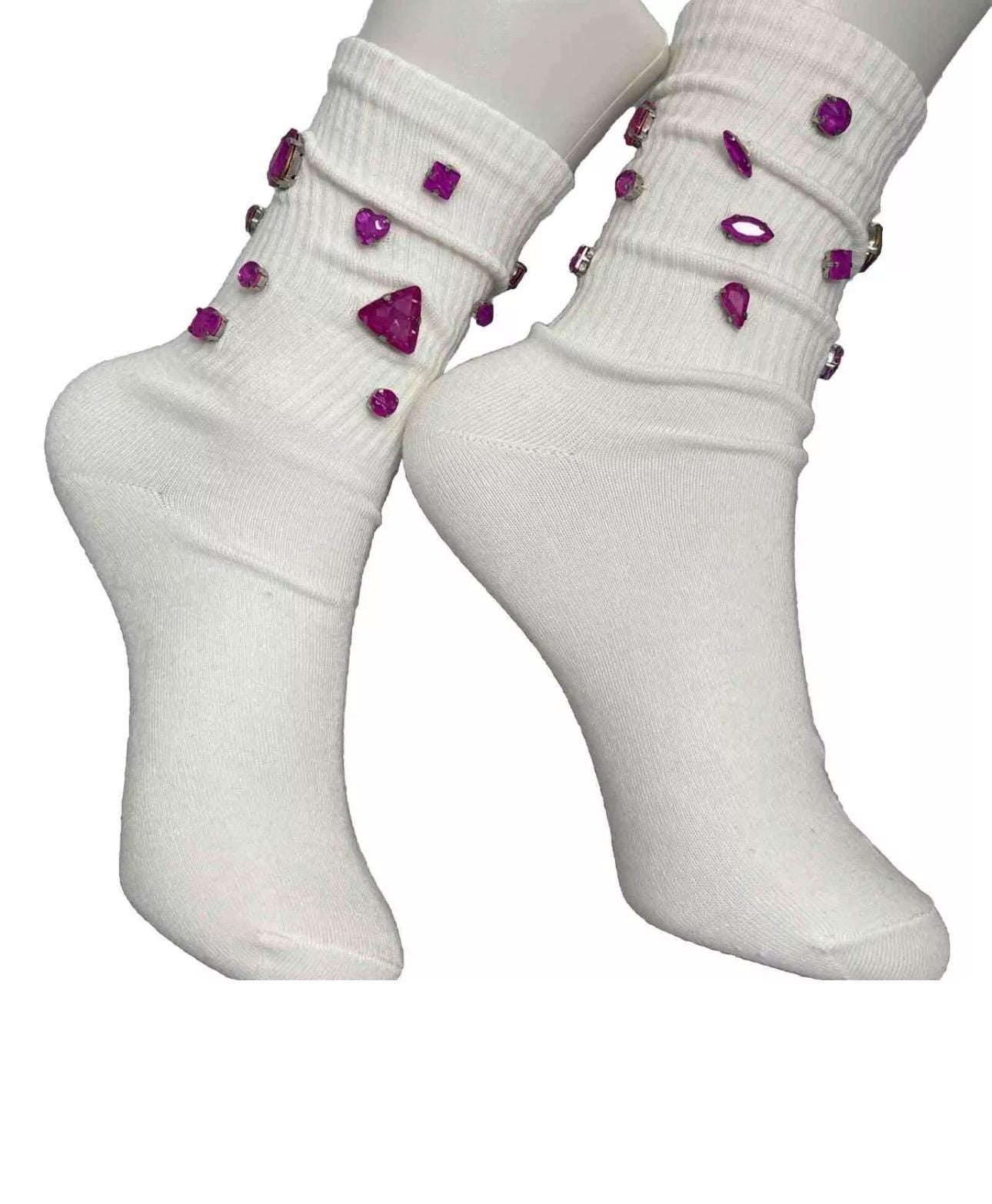 Magenta Rhinestone Crew Socks, Women's Bling Gemstone Socks (Size 6-10)